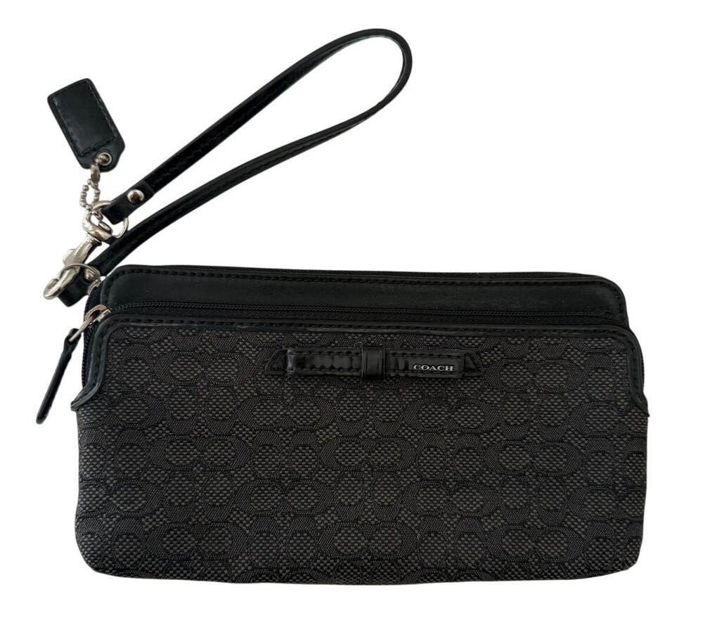 Coach Black Poppy Signature Oxford Double Zip Wallet Wristlet Bow Y2K Vintage